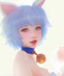  animal_ears arms_up artist_name artstation_username bell bell_collar blue_collar blue_hair breasts cat_ears collar collarbone eyelashes face large_breasts lips nose parted_lips paw_pose pink_hair pink_lips ruoxin_zhang simple_background solo teeth upper_body watermark web_address white_background 