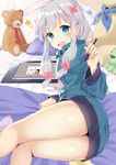  ass bad_id bad_pixiv_id bed blue_eyes bow eromanga_sensei hair_bow izumi_sagiri jacket long_hair looking_at_viewer low-tied_long_hair lying on_bed on_side open_mouth pillow pinb pink_bow silver_hair solo stuffed_animal stuffed_octopus stuffed_toy stylus tablet teddy_bear 