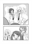  5girls andou_kuriyo bangs blunt_bangs blush bow comic finger_to_chin flying_sweatdrops greyscale hair_bow hair_ornament hairband hairclip hand_on_own_cheek itaba_yumi kohinata_miku kouji_(kari) looking_away lydian_academy_uniform monochrome multiple_girls necktie pointing school_uniform senki_zesshou_symphogear silent_comic skirt smile tachibana_hibiki_(symphogear) terashima_shiori twintails 