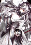  black_nails breasts broken_glass chromatic_aberration commentary covered_mouth dress glass highres horns kantai_collection large_breasts long_hair long_sleeves midway_hime nail_polish orange_eyes otsunabe_(naabe_delta) outstretched_hand shinkaisei-kan skirt_hold solo white_dress white_hair white_skin 