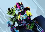  armor bakusou_bike_level_0 belt commentary_request highres kamen_rider kamen_rider_brave kamen_rider_chronicle kamen_rider_cronus kamen_rider_ex-aid kamen_rider_ex-aid_(series) kamen_rider_lazer kamen_rider_lazer_turbo multiple_boys otokamu taddle_fantasy_level_50 