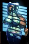  2017 abs big_breasts breasts clothing eyes_closed female green_nipples green_skin humanoid marauder6272 muscular muscular_female navel nipples panties pants shirt shrapnel_(character) solo underwear undressing 