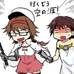  arm_armor braid brown_hair character_request choker comic commentary cosplay djeeta_(granblue_fantasy) djeeta_(granblue_fantasy)_(cosplay) dress female_admiral_(kantai_collection) gauntlets glasses granblue_fantasy hairband hat hiei_(kantai_collection) holding_hands jacket jacket_on_shoulders kanemoto_hisako kantai_collection long_hair lyria_(granblue_fantasy) lyria_(granblue_fantasy)_(cosplay) multiple_girls off-shoulder_dress off_shoulder peaked_cap pink_hairband rukialice seiyuu_connection shaded_face short_hair sweatdrop thighhighs touyama_nao translation_request white_background 