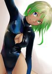  arm_up bare_legs blue_eyes breasts cleavage_cutout closed_mouth commentary_request dark_skin eyebrows_visible_through_hair green_eyes green_hair gymnast_leotard head_tilt heterochromia highleg highleg_leotard highres kilye_4421 leaning_to_the_side leotard light_smile looking_at_viewer medium_breasts original shiny shiny_clothes solo tan 