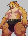  2017 abs anthro balls beard biceps big_muscles body_hair brown_hair brown_nose brown_striped bulge charr chest_hair chest_tuft claws clothing eyebrows facial_hair fangs feline front_view garro_facebreaker grey_background guild_wars hair horn knuxlight long_tail looking_at_viewer male mammal multicolored_skin multicolored_tail muscular muscular_male open_mouth pecs pink_tongue pose sharp_teeth simple_background solo standing striped_tail stripes tail_tuft tan_skin tan_tail teeth thick_thighs tongue tuft underwear video_games white_balls white_skin white_tail 