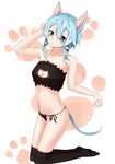  animal_ears arm_up bandeau bangs bare_arms bare_shoulders black_bra black_legwear black_panties black_ribbon blue_eyes blue_hair blush bra breasts cat_ears cat_girl cat_lingerie cat_tail cleavage closed_mouth collarbone commentary_request eyebrows_visible_through_hair frilled_bra frills hair_between_eyes hair_ribbon head_tilt highres kneeling liebe long_hair looking_at_viewer medium_breasts meme_attire navel over-kneehighs panties paw_background ribbon side-tie_panties sinon solo strapless strapless_bra sword_art_online tail thighhighs twitter_username underwear underwear_only v-shaped_eyebrows white_background 