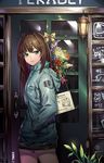  absurdres brown_hair cowboy_shot flower_shop green_eyes hands_in_pockets highres hood hood_down idolmaster idolmaster_cinderella_girls long_hair looking_to_the_side makise_medaka raincoat shibuya_rin shop solo 