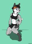  2012 anthro athletic canine clothed clothing digital_media_(artwork) female flyingram hair kneeling looking_at_viewer mammal simple_background solo tongue tongue_out 