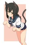  animal_ears black_eyes black_hair blue_sailor_collar blue_swimsuit braid cat_ears cat_tail hair_between_eyes isonami_(kantai_collection) kantai_collection kemonomimi_mode kugui_kiyunemu long_hair name_tag no_pants one-piece_swimsuit paw_pose sailor_collar school_swimsuit school_uniform serafuku sidelocks solo swimsuit swimsuit_under_clothes tail twin_braids 