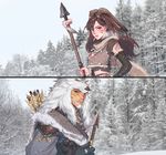  1girl alternate_costume animal_ears arrow beard brown_eyes brown_hair bunny_ears bunny_ornament claws commentary_request d.va_(overwatch) detached_sleeves earrings ecila facepaint facial_hair fangs feathers fur_trim gloves hair_between_eyes hanzo_(overwatch) jewelry korean_commentary long_hair long_sleeves looking_at_viewer necklace okami_hanzo outdoors overwatch polearm ring scarf snow spear tattoo tree weapon whisker_markings white_hair wolf_hood yellow_eyes 