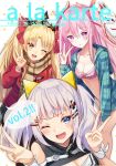  3girls ;d absurdres alternate_hairstyle animal_ears bangs bare_legs bare_shoulders bikini black_skirt blonde_hair blue_eyes blue_jacket breasts brown_scarf cat_ears cleavage collarbone commentary_request cover crossover double_v ereshkigal_(fate/grand_order) eyebrows_visible_through_hair fake_animal_ears fate/grand_order fate_(series) feet_out_of_frame hair_between_eyes hair_ornament hair_ribbon hairclip halterneck hand_up hands_up hata_no_kokoro highres igakusei jacket kaguya_luna kaguya_luna_(character) large_breasts long_hair long_sleeves looking_at_viewer medium_breasts miniskirt multiple_girls one_eye_closed open_clothes open_jacket open_mouth parted_lips pink_bikini pink_eyes pink_hair pink_ribbon plaid plaid_bikini plaid_jacket plaid_scarf plaid_skirt pleated_skirt polka_dot polka_dot_background red_eyes red_jacket red_ribbon ribbon scarf short_hair silver_hair skirt smile standing stomach swimsuit tiara touhou two_side_up upper_body v white_background white_ribbon wrist_ribbon 