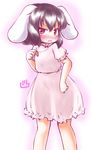  :3 animal_ears blue_hair blush bunny_ears bunny_tail commentary_request dress highres inaba_tewi nose_blush open_mouth pink_dress puffy_short_sleeves puffy_sleeves red_eyes see-through_silhouette short_sleeves solo sweat tail touhou uho_(uhoyoshi-o) 