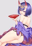  alcohol ass back bare_shoulders bob_cut cup eyebrows_visible_through_hair fangs fate/grand_order fate_(series) from_behind grey_background horns japanese_clothes kimono oni oni_horns open_mouth otinksan purple_eyes purple_hair sakazuki sake short_hair shuten_douji_(fate/grand_order) simple_background smile solo twitter_username 