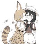  2girls absurdres animal_ears backpack bag blush bow bowtie cheek_kiss commentary_request elbow_gloves enk_0822 gloves hat hat_feather helmet highres kaban_(kemono_friends) kemono_friends kiss multiple_girls pith_helmet serval_(kemono_friends) serval_ears serval_print serval_tail shirt sleeveless sleeveless_shirt striped_tail tail yuri 