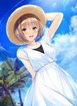  blush breasts brown_eyes brown_hair cloud cloudy_sky day dress hat lens_flare looking_at_viewer medium_breasts nayuta69 open_mouth original palm_tree short_hair sky smile solo straw_hat tree white_dress 