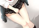  alternate_costume bed_sheet black_legwear black_skirt commentary_request from_above highres kantai_collection kneehighs long_sleeves miniskirt ohiya plaid plaid_skirt shigure_(kantai_collection) shiny shiny_skin shirt sitting skirt skirt_tug solo thigh_gap white_shirt 