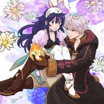  1girl animal_ears blush bunny_ears bunnysuit easter_egg egg embarrassed fire_emblem fire_emblem:_kakusei fire_emblem_heroes floral_print flower holding lucina male_my_unit_(fire_emblem:_kakusei) my_unit_(fire_emblem:_kakusei) nezumoto pantyhose 