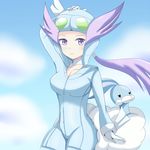  1girl altaria bird breasts cloud gloves goggles gym_leader hand_on_head large_breasts long_hair nagi_(pokemon) pokemon pokemon_(creature) pokemon_(game) ponytail purple_eyes purple_hair sky smile solo white_gloves 