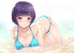  aqua_bikini bangs bare_legs bare_shoulders barefoot bikini blunt_bangs blush breasts cleavage collarbone commentary eromanga_sensei eyebrows_visible_through_hair halterneck highres large_breasts looking_at_viewer nagayori outdoors parted_lips partially_submerged purple_eyes purple_hair senju_muramasa short_hair side-tie_bikini solo sparkle swimsuit 