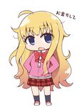  ahoge blonde_hair blue_eyes bow bowtie chibi commentary full_body gabriel_dropout hands_in_pockets highres hood hood_down hoodie long_hair plaid plaid_skirt school_uniform skirt solo tenma_gabriel_white toshi_mellow-pretty translated very_long_hair white_background 