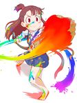  asymmetrical_bangs bangs barefoot broom brown_hair highres holding holding_broom kagari_atsuko little_witch_academia no_shoes paint paint_splatter paint_stains red_eyes school_uniform short_ponytail tei-o white_background 