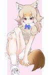  animal_ears blonde_hair blush bow bowtie fur_trim golden_jackal_(kemono_friends) highres jackal_ears jackal_tail kemono_friends long_hair multicolored_hair open_mouth orange_hair red_eyes sitting solo tatsuno_newo two-tone_hair 