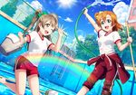 artist_request bangs blue_eyes blue_sky bow broom brown_hair bucket cloud day gym_shorts gym_uniform hair_bow holding kousaka_honoka love_live! love_live!_school_idol_festival love_live!_school_idol_project minami_kotori multiple_girls one_eye_closed one_side_up open_mouth orange_hair outdoors pants pool pool_ladder short_hair shorts sky smile sunlight towel tree water wet wince 