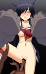  1girl ahri ap@meito black_hair bottomless breasts censored fingering fox_girl highres ivern kitsune league_of_legends nipples one_breast_out pussy restrained torn_clothes whisker_markings 