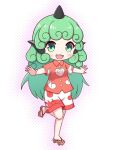  1girl animal_ears aqua_hair breasts chibi cloud_print collared_shirt curly_hair eyebrows_visible_through_hair full_body geta green_eyes heart horns kariyushi_shirt komainu komano_aunn long_hair red_shirt shirt short_sleeves shorts single_horn small_breasts thick_eyebrows touhou toyomagorilla white_shorts 