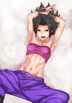  abs armpits bare_shoulders black_eyes black_hair breasts caulifla dragon_ball dragon_ball_super jack_hamster looking_at_viewer midriff navel open_mouth short_hair signature small_breasts solo spread_legs toned 