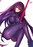  armor bodysuit breasts crossed_legs fate/grand_order fate_(series) gae_bolg holding holding_weapon large_breasts legs long_hair looking_at_viewer petals polearm purple_bodysuit purple_hair red_eyes saisarisu scathach_(fate)_(all) scathach_(fate/grand_order) shoulder_armor smile solo spear very_long_hair weapon 