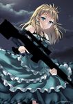  aqua_dress black_bullet blonde_hair blue_eyes cloud detached_sleeves dress frilled_dress frills gun hair_ornament highres holding holding_gun holding_weapon index_finger_raised layered_dress long_hair looking_at_viewer night psg-1 rifle sato-pon sky sleeveless sleeveless_dress sniper_rifle solo standing star_(sky) starry_sky tina_sprout weapon 