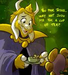  2015 anthro asgore_dreemurr beverage caprine digital_media_(artwork) english_text flower flowey_the_flower goat male mammal orlandofox plant tea teacup text undertale video_games 