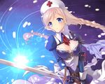  armor blue_eyes braid breasts cell_(card_game) cleavage elbow_pads fighting_stance gauntlets hat holding holding_sword holding_weapon lactocbacillus long_hair looking_at_viewer medium_breasts monikon13 nurse_cap personification shoulder_armor solo standing sword weapon wrist_cuffs 