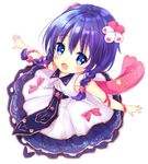  :d blue_eyes blue_hair blush braid dress flower flower_knight_girl from_above hair_flower hair_ornament houzuki_michiru looking_at_viewer open_mouth pink_ribbon ribbon short_hair smile solo twin_braids viola_(flower_knight_girl) white_background white_dress 