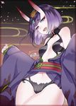  bare_shoulders commentary_request eyebrows_visible_through_hair eyeshadow fang fate/grand_order fate_(series) flower fumizuki hair_ornament head_tilt horns japanese_clothes kimono looking_at_viewer makeup navel obi off_shoulder oni oni_horns open_clothes open_kimono open_mouth petals purple_eyes purple_hair revealing_clothes sash short_hair shuten_douji_(fate/grand_order) solo transparent_border twitter_username wide_sleeves 