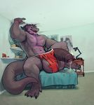  2016 abs anthro ball_growth balls barzillai bed bedroom biceps big_balls big_muscles black_scales claws clothed clothing cum cum_drip detailed_background dewclaw digital_media_(artwork) dragon dripping foreskin grey_balls growth hair half-erect horn huge_balls humanoid_penis hyper hyper_balls hyper_penis jockstrap lamp male multicolored_scales muscular muscular_male navel on_bed open_mouth pecs penis penis_growth poster precum purple_hair purple_scales scales scalie signature sitting solo suck_mcjones thick_penis toe_claws topless torn_clothing two_tone_scales uncut underwear 