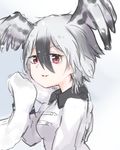  artist_name black_hair feathered_wings grey_background grey_hair harpy_eagle_(kemono_friends) kemono_friends multicolored_hair open_mouth red_eyes simple_background solo tatsuno_newo towel two-tone_hair upper_body wings 