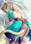  ahoge all_fours animal_ears arm_garter ass atalanta_(fate) back_cutout backless_outfit bare_back black_legwear blonde_hair braid cat_ears cat_tail commentary fate/apocrypha fate/grand_order fate_(series) from_behind garter_straps gradient_hair green_eyes green_hair long_hair looking_at_viewer looking_back miyuki_ruria multicolored_hair pleated_skirt skirt solo tail thighhighs twitter_username two-tone_hair 