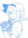  anarogumaaa bangs blue blunt_bangs bow bowtie fingerless_gloves from_side gloves hair_over_one_eye hairband katana konpaku_youmu looking_at_viewer monochrome one_eye_covered over_shoulder puffy_short_sleeves puffy_sleeves short_hair short_sleeves simple_background sketch solo sword touhou upper_body vest weapon weapon_over_shoulder 