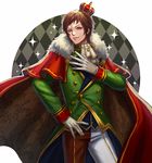  argyle argyle_background bad_id bad_pixiv_id brown_eyes brown_hair cape commentary_request crescent crown facial_mark forehead_mark gloves highres looking_at_viewer male_focus original personification red_cape solo standing symboli_rudolf_(racehorse) syu_kamiya umabi vest white_gloves 
