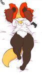  anthro bed bottomless breasts clothed clothing controller delphox eyes_closed female game_controller immortalstar inner_ear_fluff lying nintendo nipple_bulge on_back playstation_4 pok&eacute;mon pok&eacute;morph pussy shirt sleeping solo thick_thighs video_games 