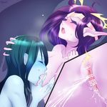  2girls breast_sucking breasts censored kalista large_breasts league_of_legends morgana multiple_girls nipples nude pussy pussy_juice yuri 