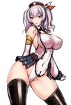  adapted_costume bangs bare_shoulders beret black_legwear black_skirt blue_eyes blush breasts commentary_request covered_navel covered_nipples cowboy_shot curvy elbow_gloves from_side gloves hat highleg highleg_leotard kantai_collection kashima_(kantai_collection) large_breasts leotard looking_at_viewer looking_to_the_side parted_lips rindou_(radical_dream) showgirl_skirt silver_hair skin_tight skirt solo thighhighs twintails white_gloves white_leotard 