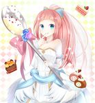  blue_eyes bow cake dress felicia_(fire_emblem_if) fire_emblem fire_emblem_heroes fire_emblem_if food food_on_face hair_bow looking_at_viewer pink_hair rojiura-cat smile spoon wedding_dress 