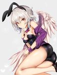  animal_ears ass bare_shoulders black_footwear bow bowtie breasts brooch bunny_ears bunny_tail bunnysuit closed_mouth detached_collar expressionless fake_animal_ears feathered_wings highres houdukixx jacket jewelry kishin_sagume leotard looking_at_viewer medium_breasts red_bow red_eyes red_neckwear shoes sideboob silver_hair simple_background single_wing solo tail thighs touhou white_wings wings wrist_cuffs 