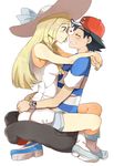  1girl arms_around_waist black_hair blonde_hair hetero kuriyama leg_lock lillie_(pokemon) long_hair pokemon pokemon_(anime) pokemon_sm_(anime) satoshi_(pokemon) shirt striped striped_shirt z-ring 