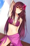  bikini bikini_skirt blush breasts collarbone day dutch_angle fate/grand_order fate_(series) flower hair_flower hair_ornament hand_behind_head hand_in_hair hibiscus highres kanpyou_(hghgkenfany) large_breasts long_hair looking_at_viewer navel purple_bikini purple_bikini_bottom purple_hair red_eyes scathach_(fate)_(all) scathach_(swimsuit_assassin)_(fate) sky smile solo swimsuit thigh_strap wall 