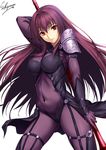  arm_at_side arm_behind_head artist_name ass_visible_through_thighs between_breasts bodysuit breasts closed_mouth covered_navel fate/grand_order fate_(series) gauntlets hair_between_eyes hair_intakes holding holding_weapon impossible_clothes long_hair looking_at_viewer medium_breasts pauldrons purple_bodysuit purple_hair red_eyes sakiyamama scathach_(fate)_(all) scathach_(fate/grand_order) simple_background skindentation solo standing weapon white_background 