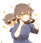  alternate_color artist_name blush brown_hair chibi commentary_request dual_persona eyewear_removed ina_(1813576) japanese_clothes kaga_(kantai_collection) kantai_collection multiple_girls open_mouth short_sidetail signature smile sparkle sunglasses yellow_eyes 